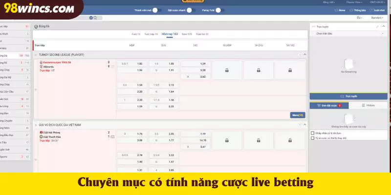 Chuyên mục có tính năng cược live betting