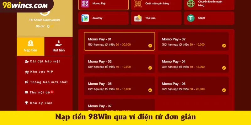 Nạp tiền 98Win qua ví điện tử đơn giản